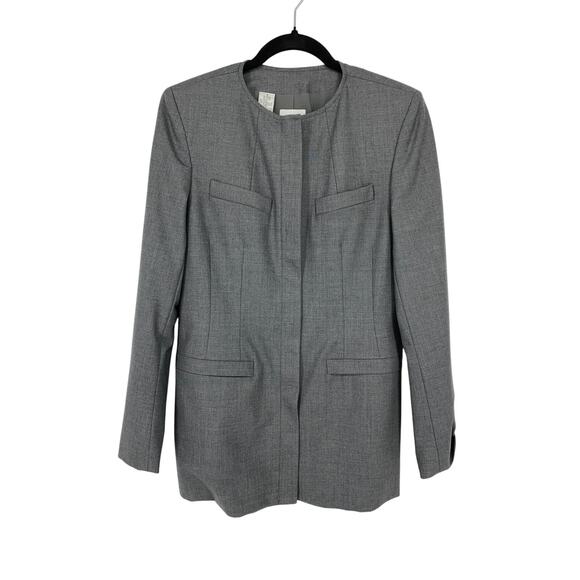 Vintage 90s DKNY Collarless Blazer Jacket Womens Size 4 Gray Hidden Placket Wool - Picture 1 of 4